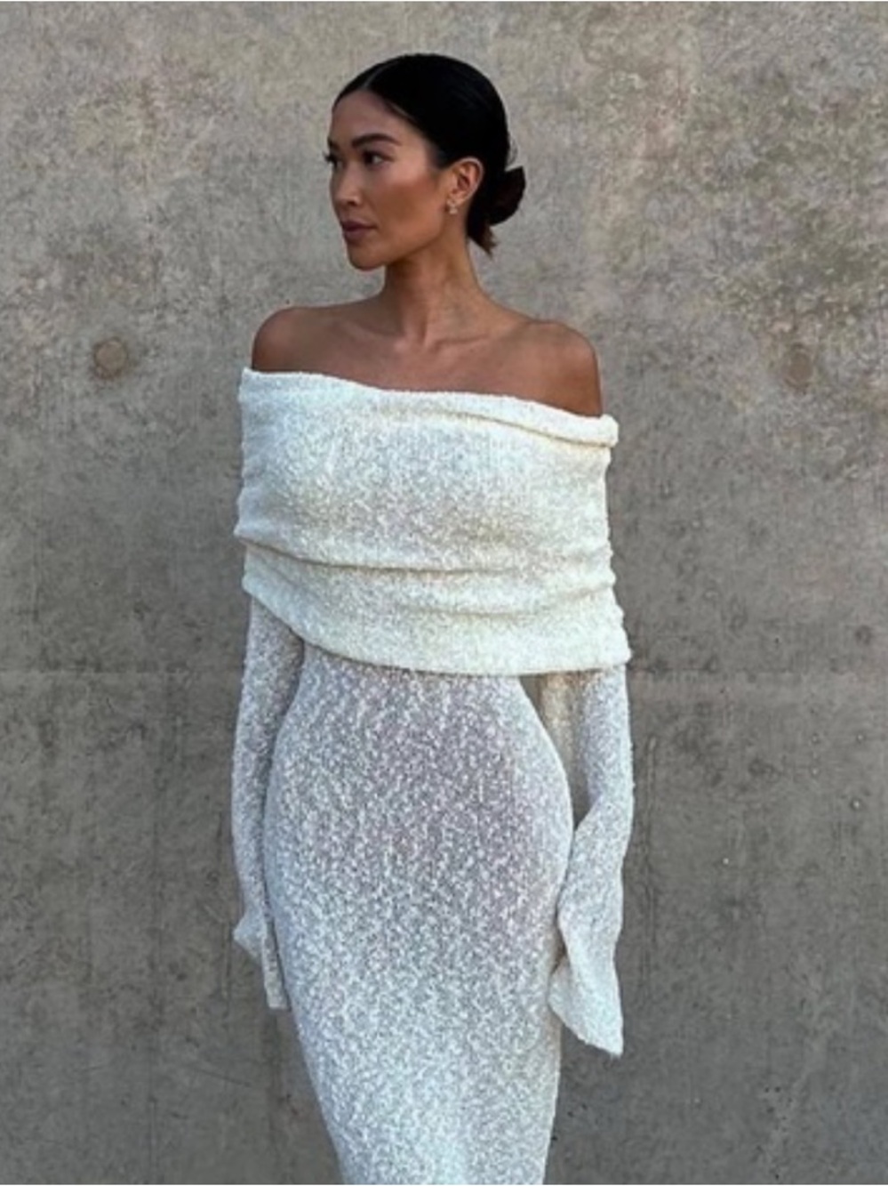 Off-Shoulder Cream Boucle Knit Sweater Dress